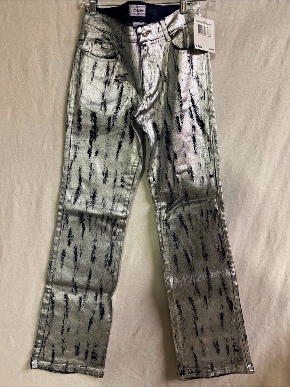 Jr-s.com Girls Straight Jeans 7/8 Silver/Black Metallic Animal Print Denim
